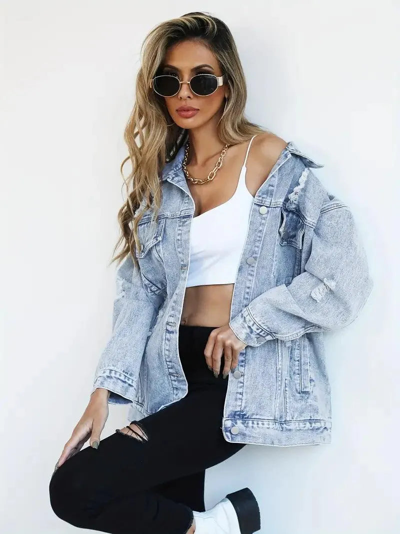 Dames Oversized Denim Jas met Stoere Look en Drukknoopsluiting