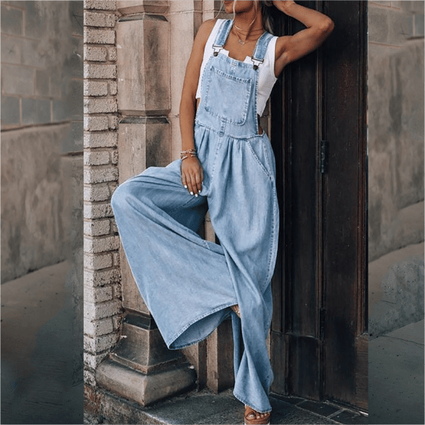 Trendy Dames Denim Jumpsuit Met Wijde Pijpen En Bretels