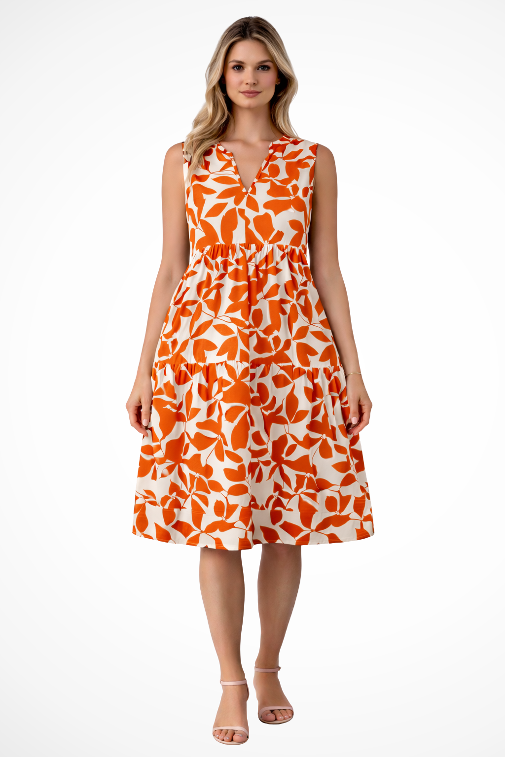 Luchtige midi zomerjurk met V hals en bladprint