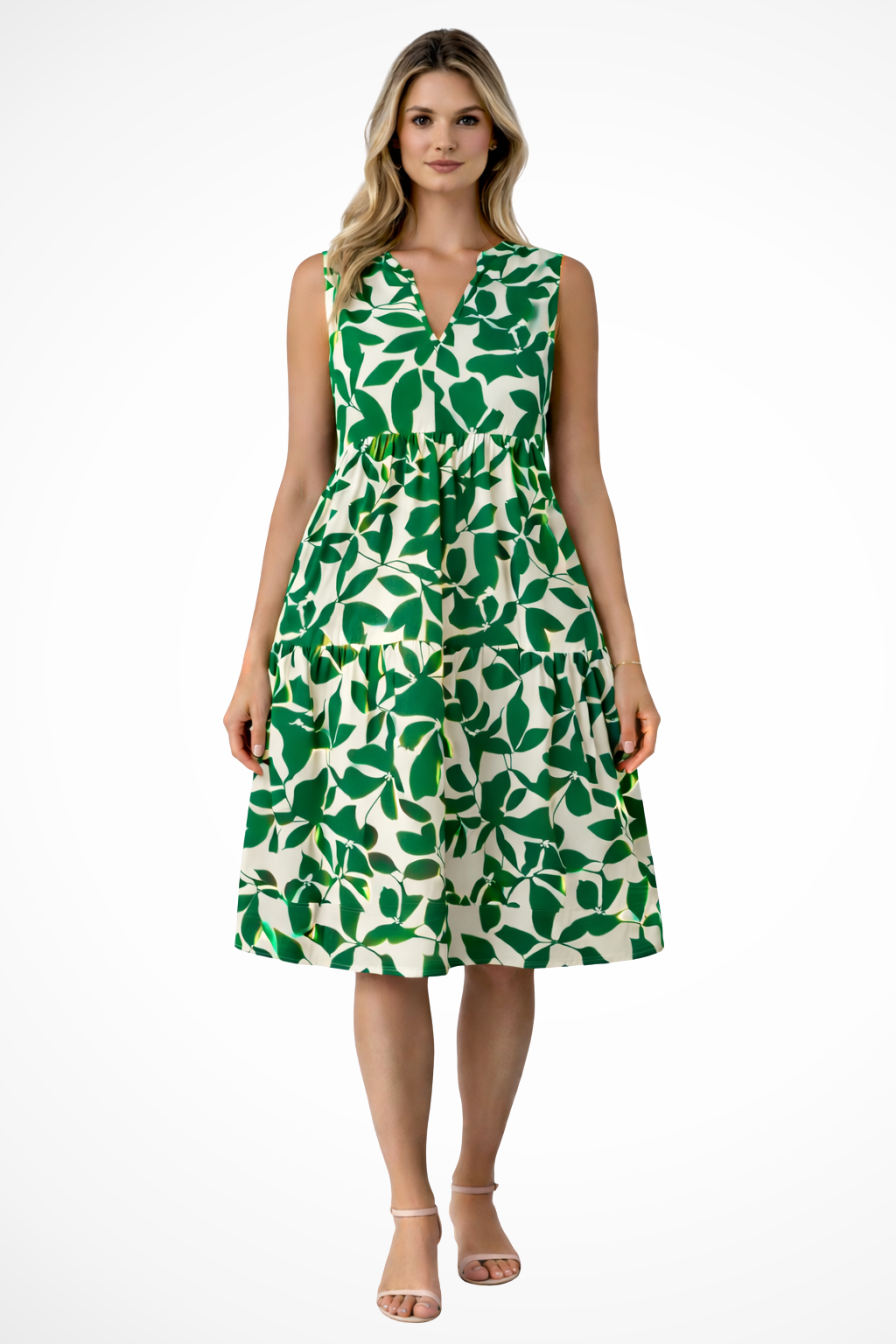 Luchtige midi zomerjurk met V hals en bladprint
