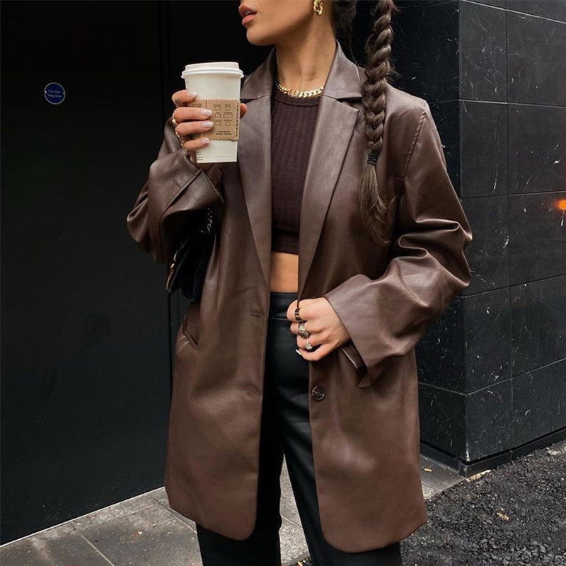 Oversized Women's Blazer with PU Leather and Button Closure