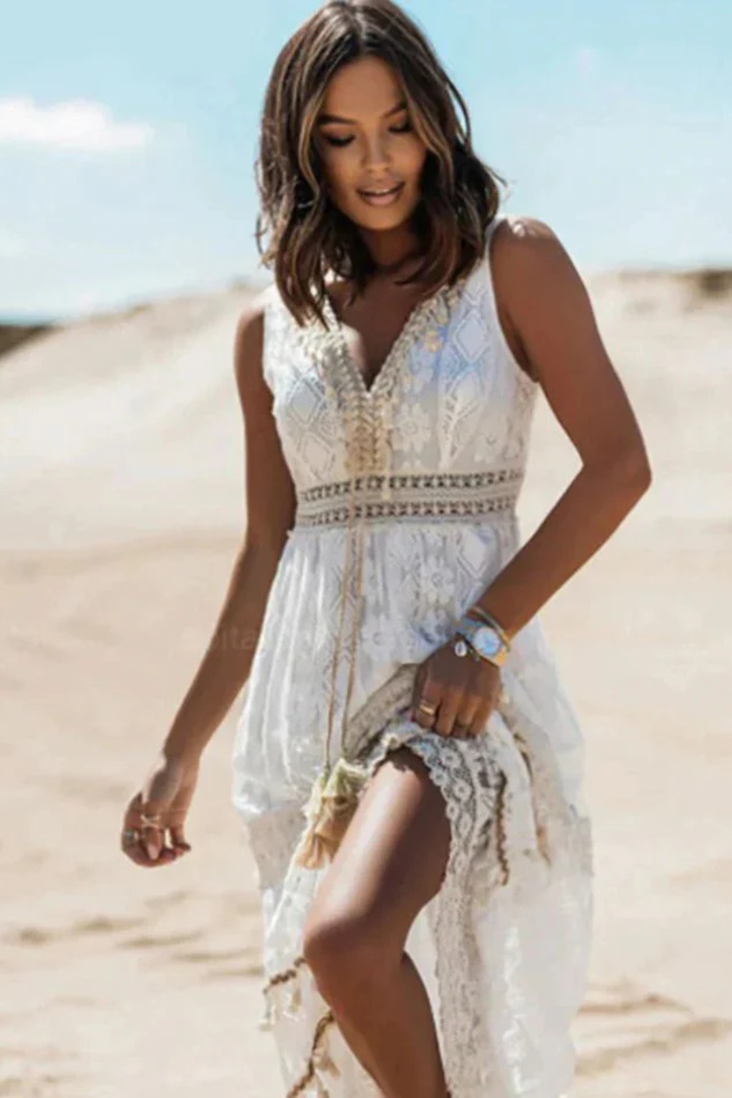 Boho Maxi Summer Dress With Lace Details And Tassels