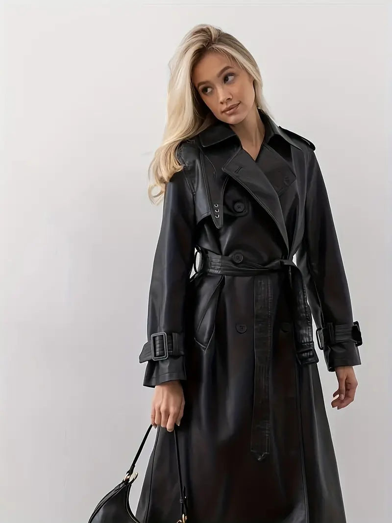 Long Black Women's Leather Trench Coat with Belt