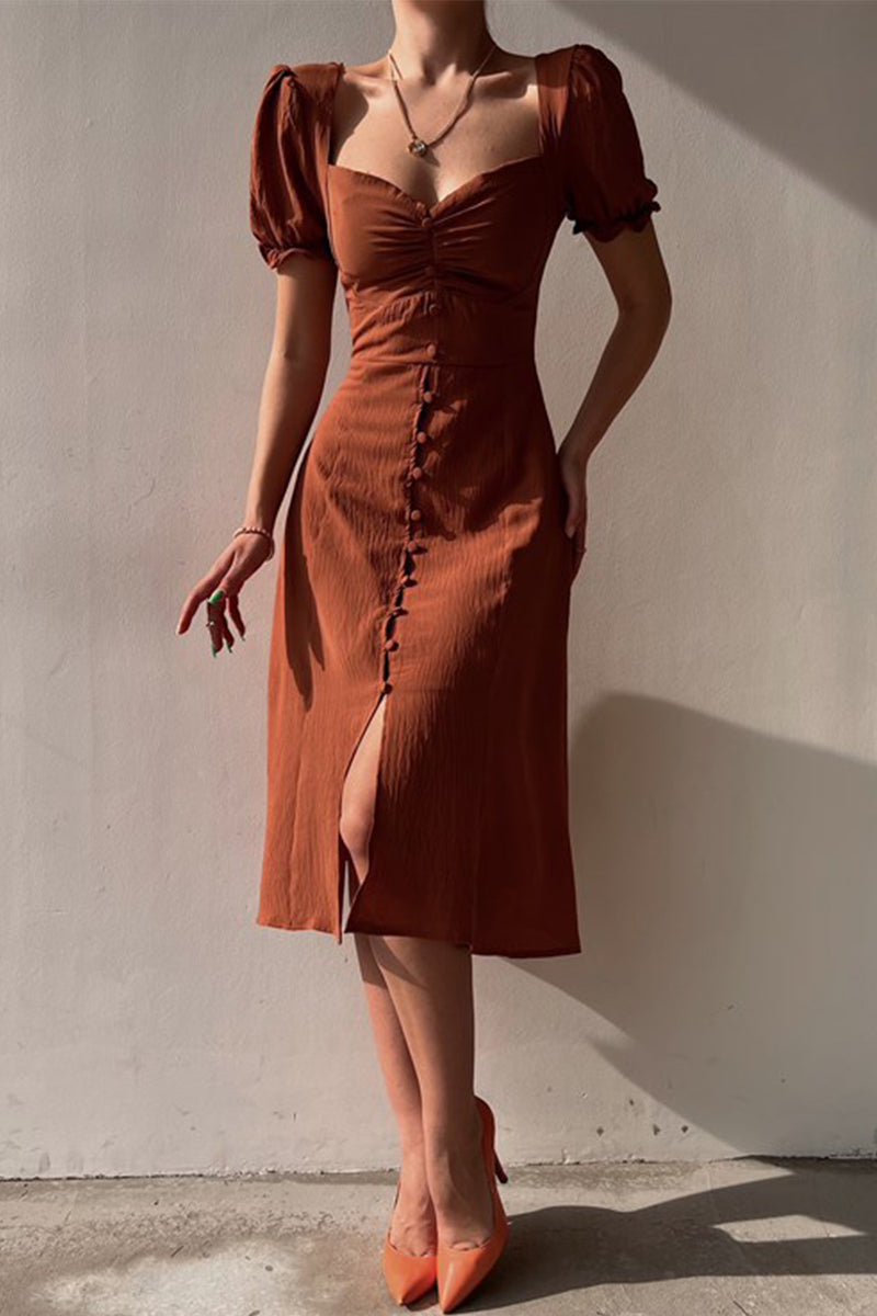 Pyra | Midi Jurk met Pofmouwen en Knoopsluiting