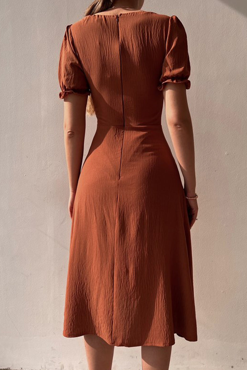 Pyra | Midi Jurk met Pofmouwen en Knoopsluiting