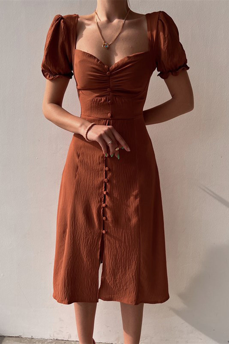 Pyra | Midi Jurk met Pofmouwen en Knoopsluiting
