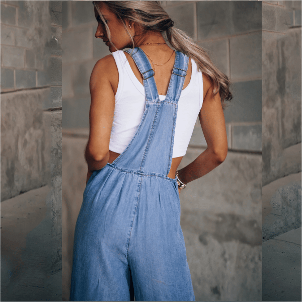 Trendy Dames Denim Jumpsuit Met Wijde Pijpen En Bretels