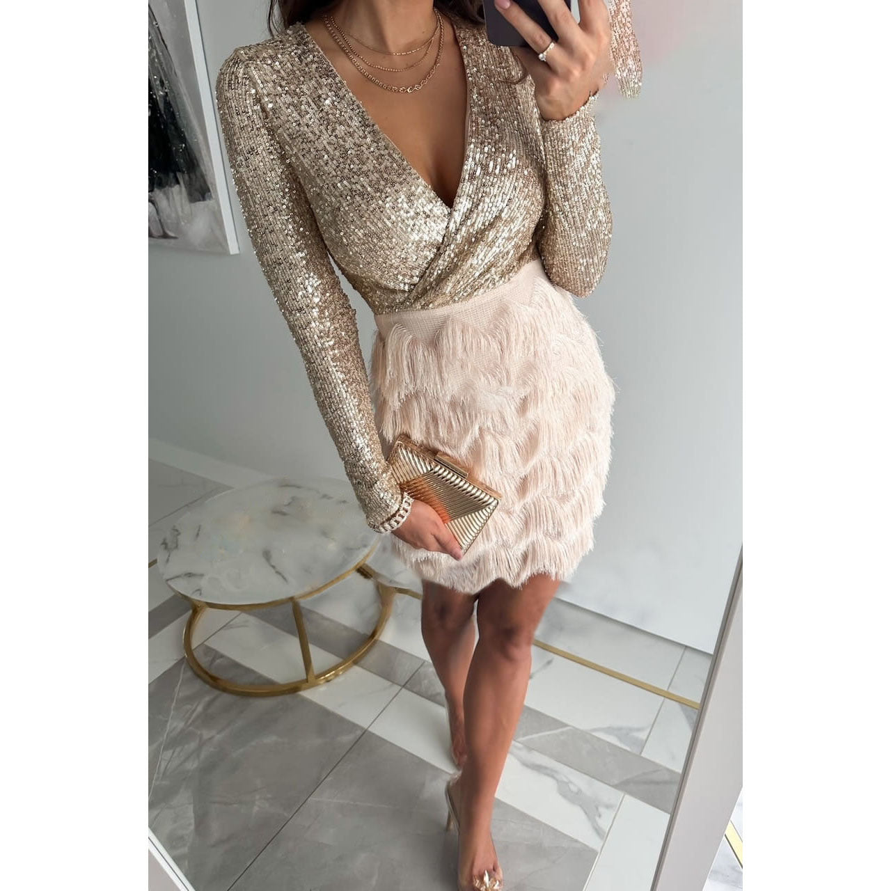 Seburga| Sparkling Sequin Dress with Feather Accent