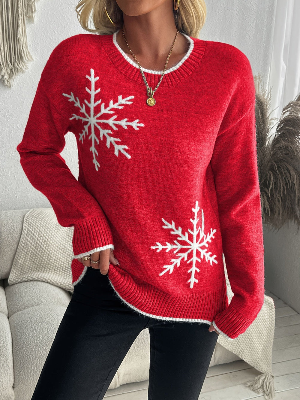 Gebreide Jacquard Dames Trui met Sneeuwvlokmotief en Ribboorden