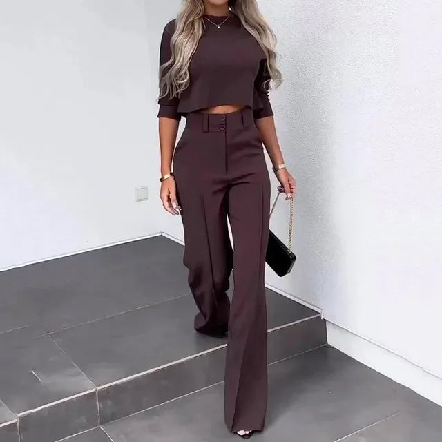 Dames Elegante Co-ord Set met Crop Top en Wijde Pantalon