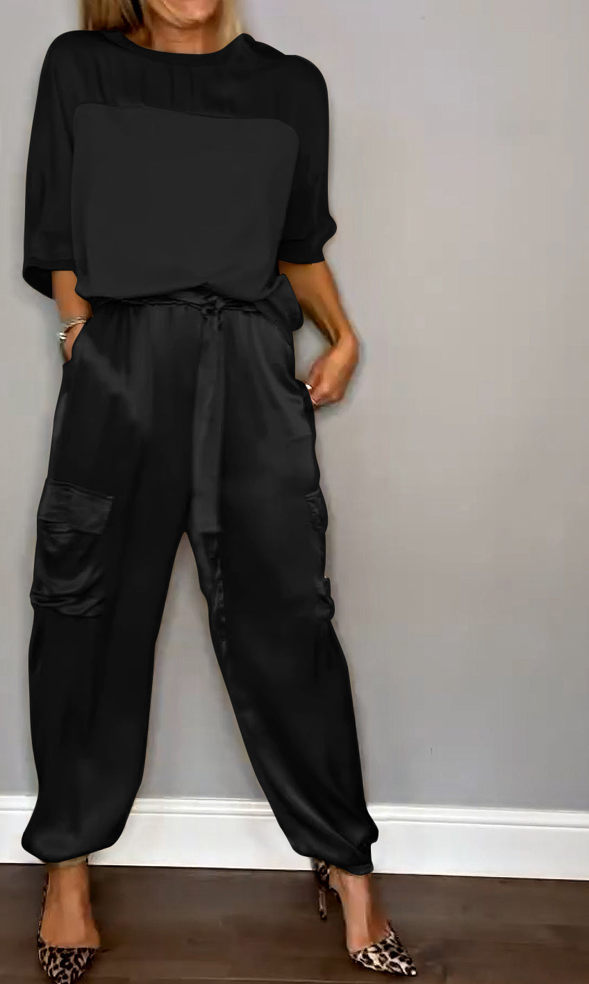 Chique Dames Satijnen Cargo Set met Top en Hoge Taille Broek