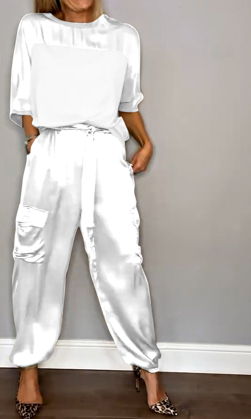 Chique Dames Satijnen Cargo Set met Top en Hoge Taille Broek