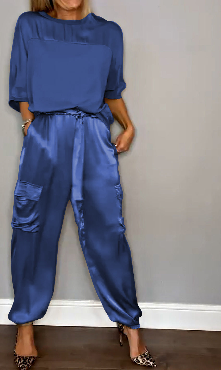 Chique Dames Satijnen Cargo Set met Top en Hoge Taille Broek