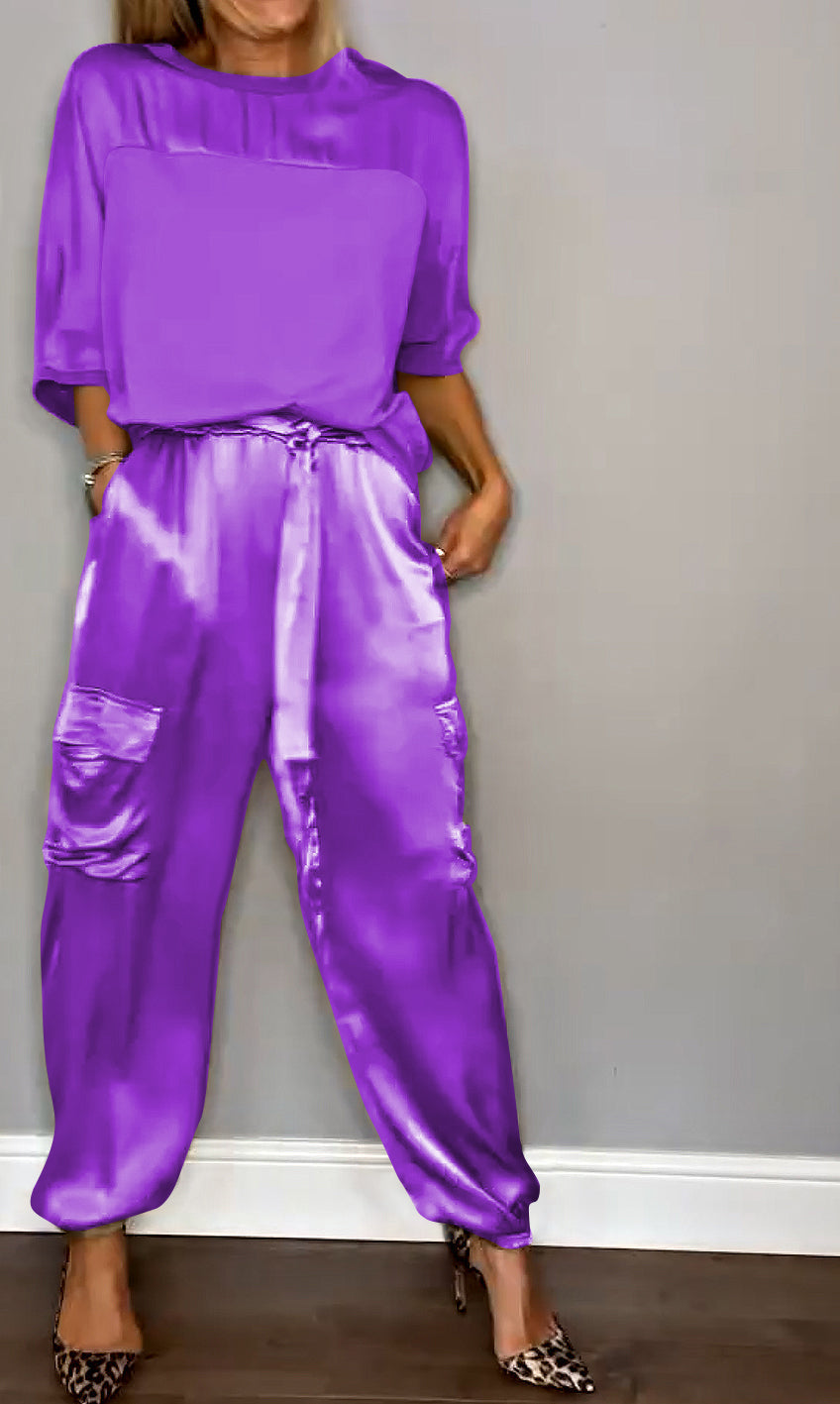 Chique Dames Satijnen Cargo Set met Top en Hoge Taille Broek