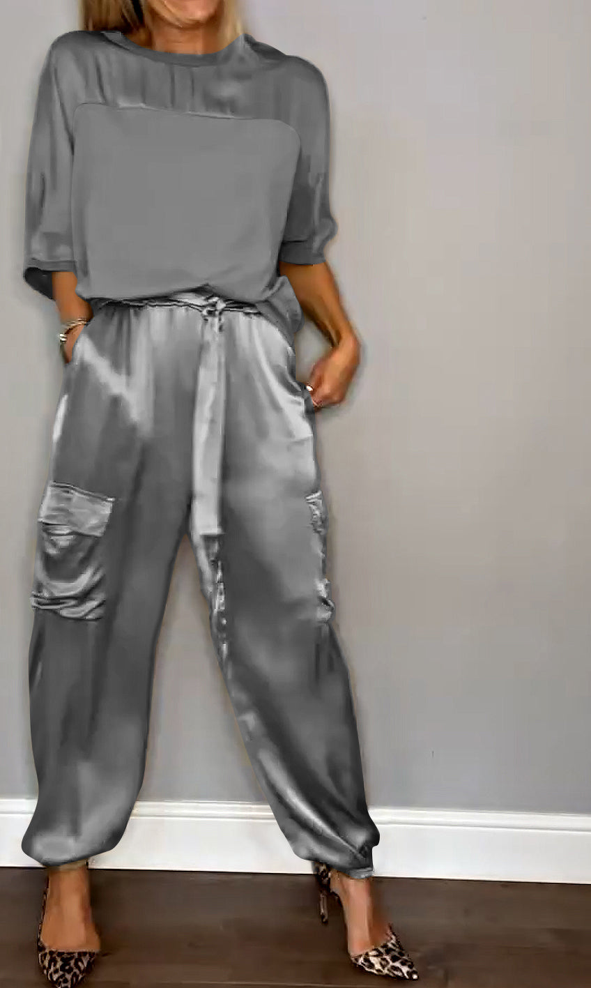 Chique Dames Satijnen Cargo Set met Top en Hoge Taille Broek