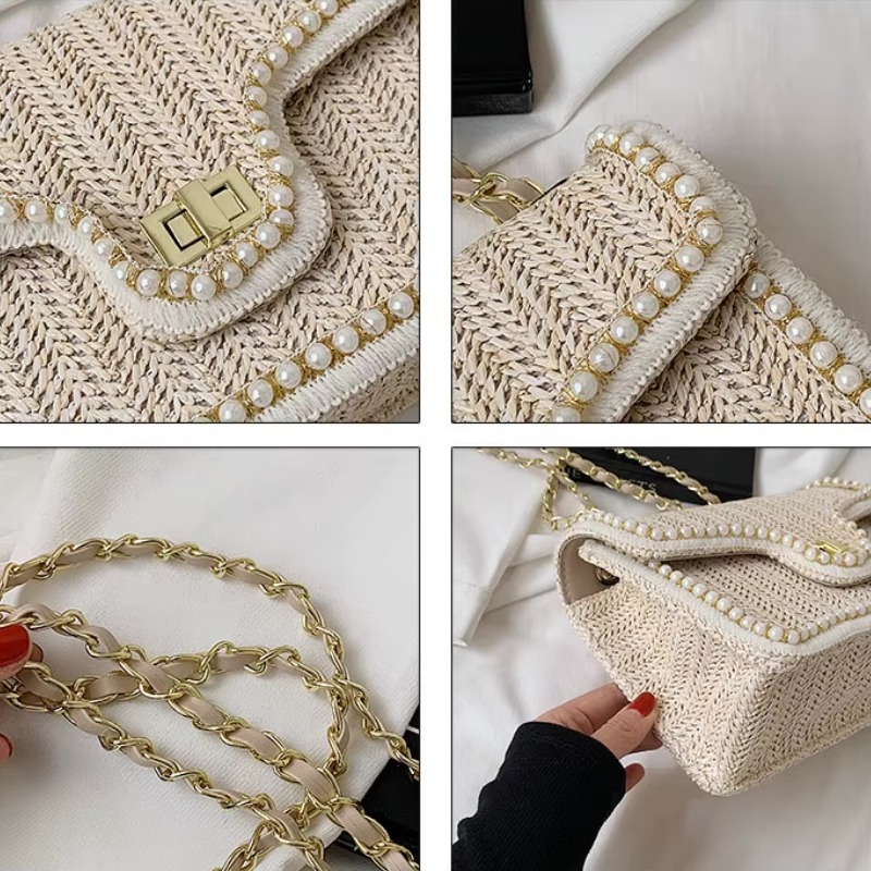 Baili | Elegante Rieten Schoudertas met Pareldetails