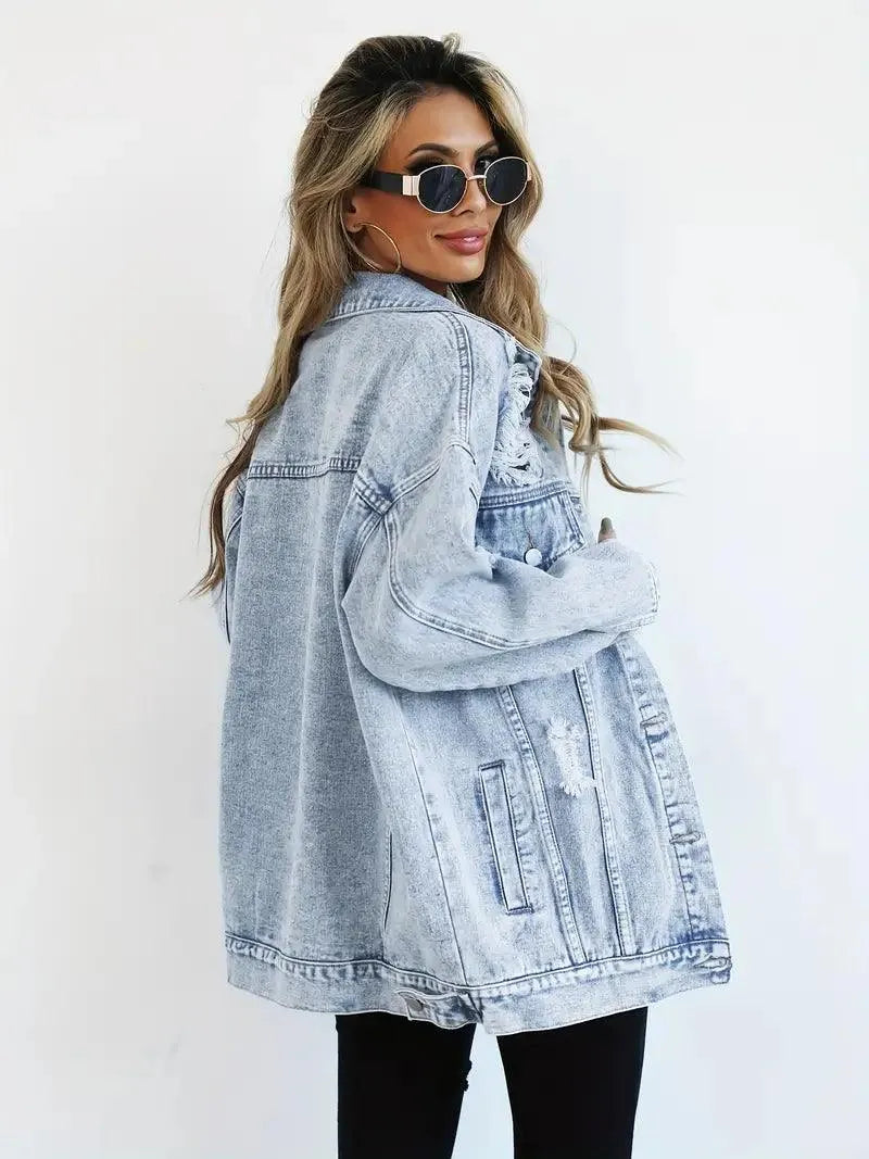 Dames Oversized Denim Jas met Stoere Look en Drukknoopsluiting