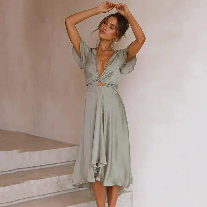 Falyn | Zijden Midi Jurk met Knoopdetail