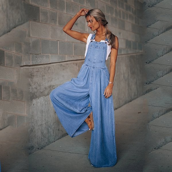 Trendy Dames Denim Jumpsuit Met Wijde Pijpen En Bretels