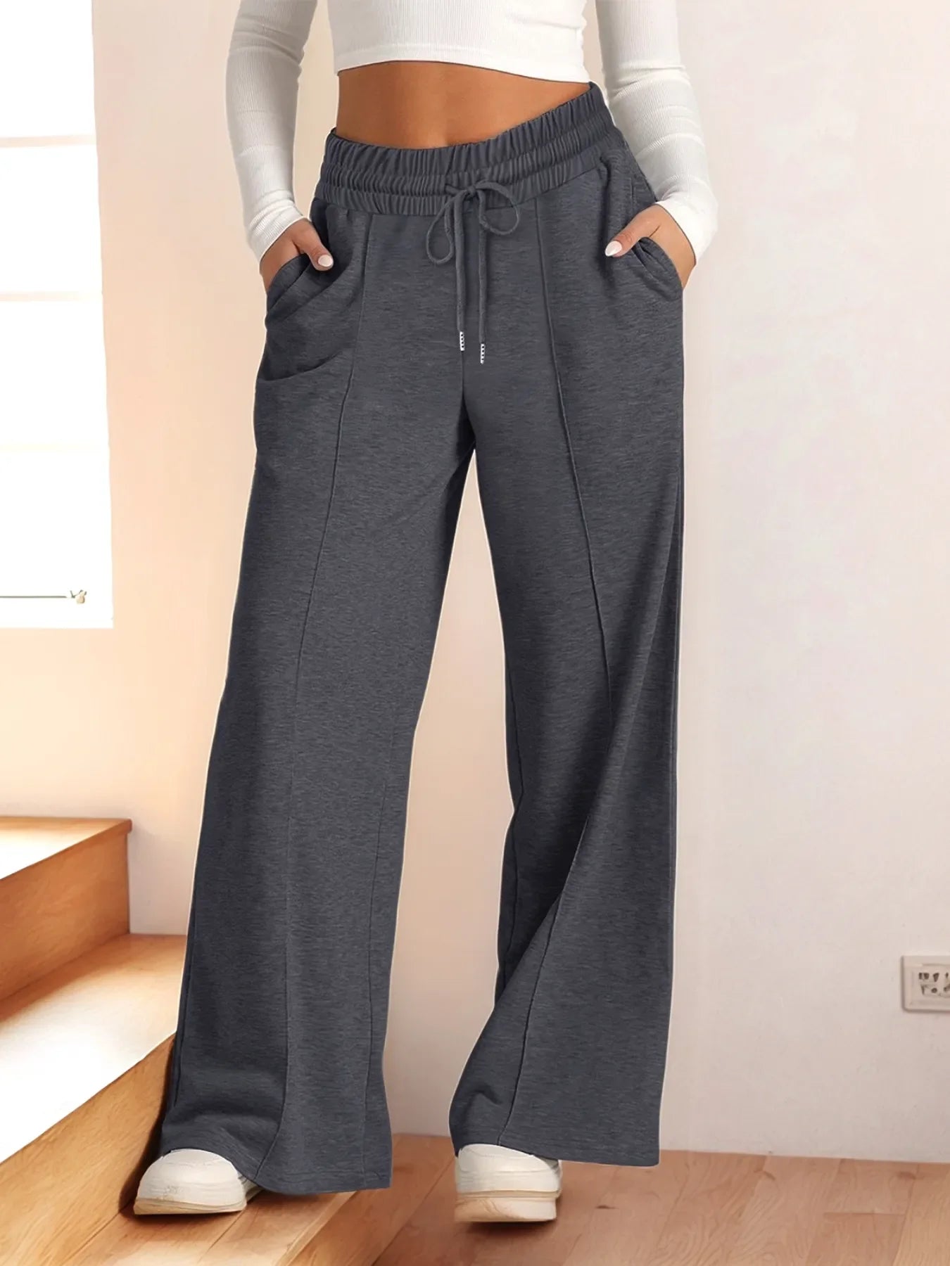 Grijze Dames Jogging Broek Met Elastische Taille en Wijde Pijpen