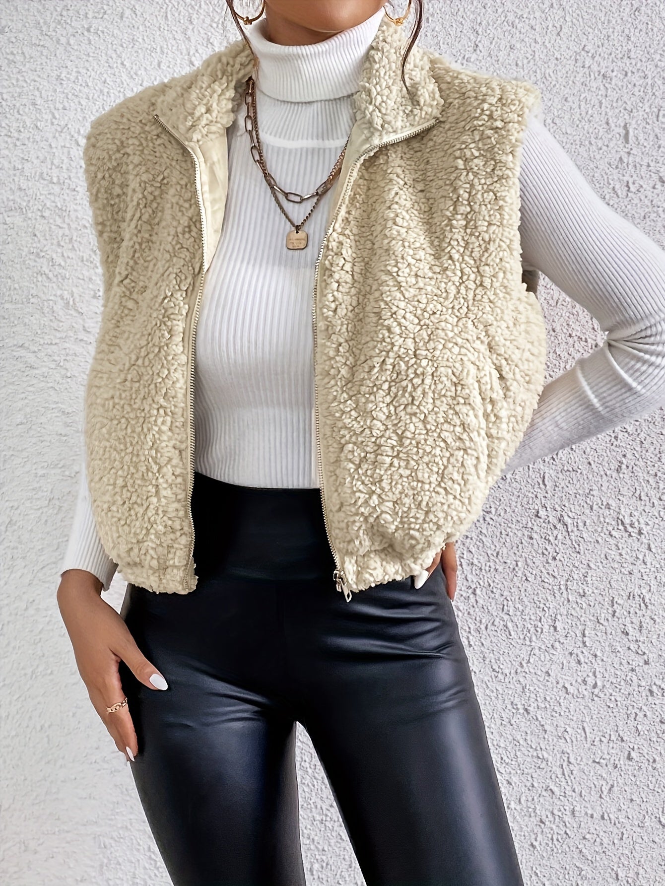 Warme teddy dames bodywarmer met rits en hoge kraag