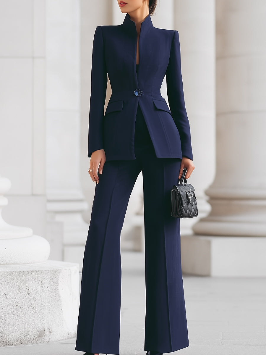 Stijlvolle Dames Getailleerde Blazer Set Met En Wijde Pijpen