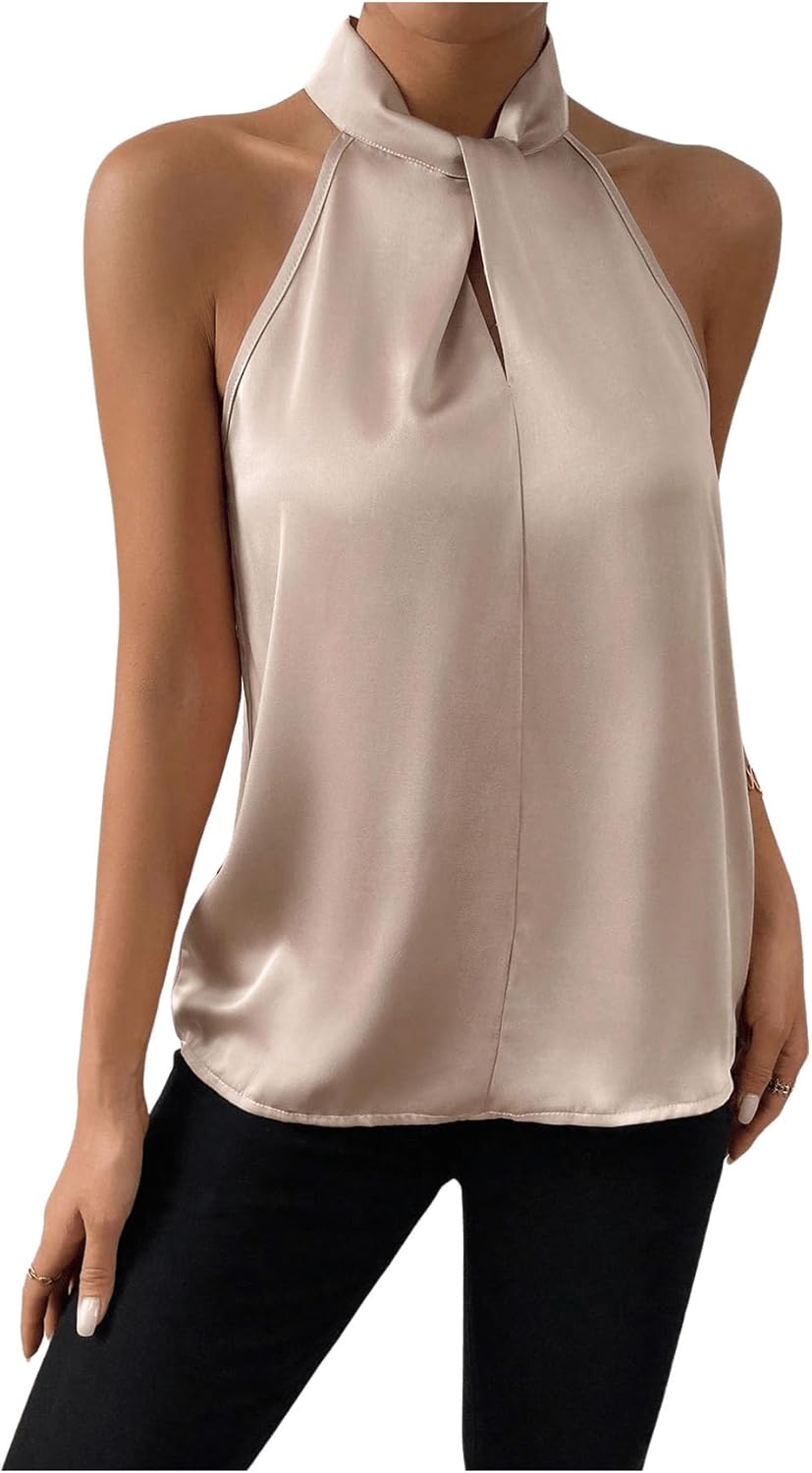 Goud Luchtige Dames Halter Blouse van Satijn met Hoge Hals