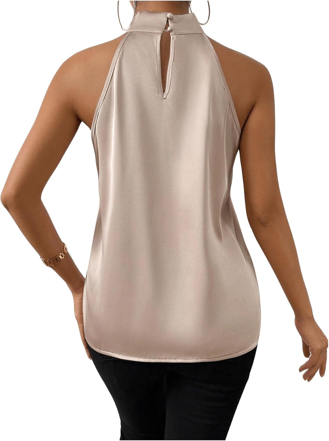 Goud Luchtige Dames Halter Blouse van Satijn met Hoge Hals