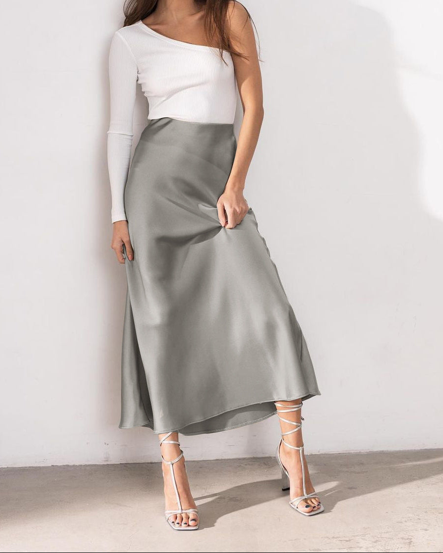 Satijnen Dames Midi Rok met Hoge Taille en Wijd Uitlopende Zoom