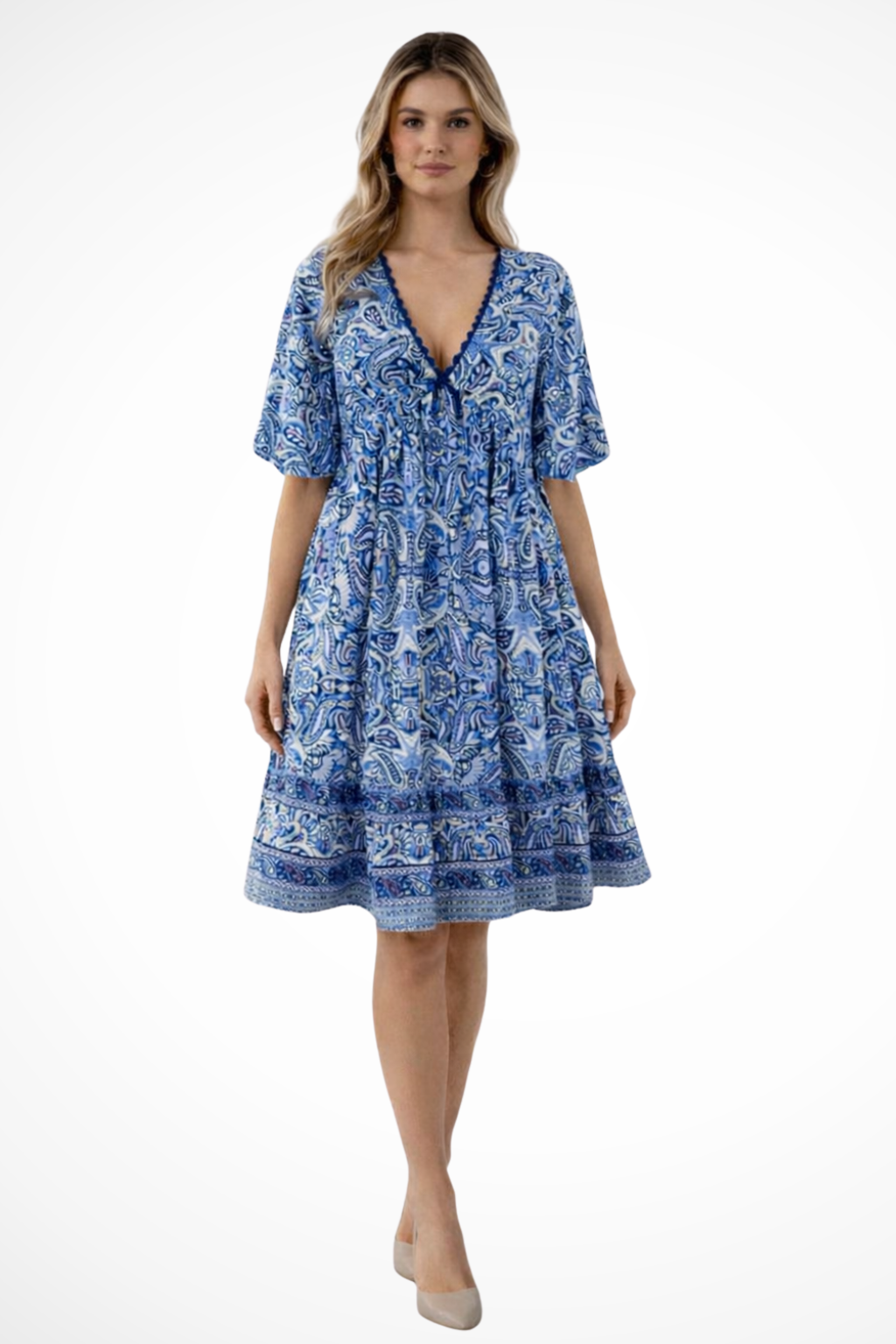 Soepele Midi Zomerjurk Met V Hals En Boho Print