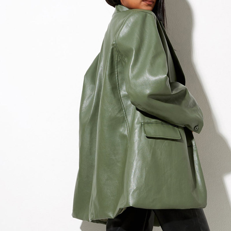 Oversized Women's Blazer with PU Leather and Button Closure