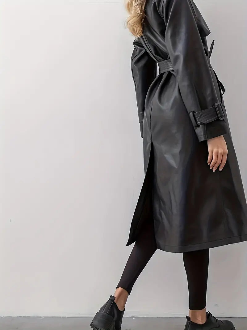 Lange Dames Leren Trenchcoat met Ceintuur