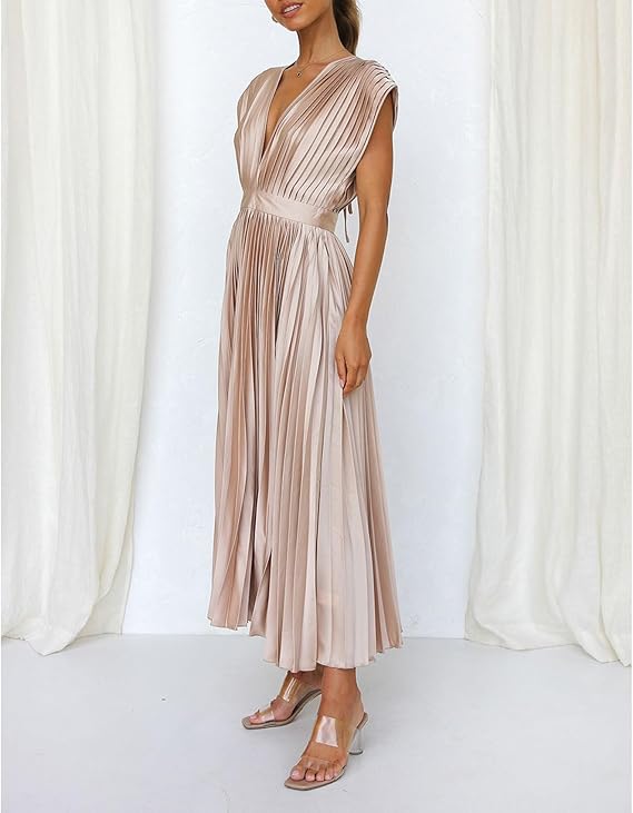 Elegante Beige Halter Mini Jurk voor Dames met Plissé en Strikdetail