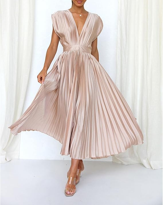 Elegante Beige Halter Mini Jurk voor Dames met Plissé en Strikdetail