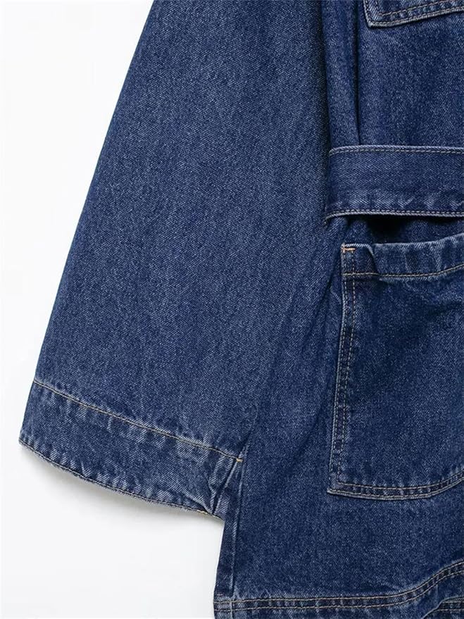 Lange Trendy Denim Jas Dames met Ceintuur en Zakken