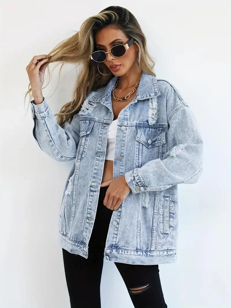 Dames Oversized Denim Jas met Stoere Look en Drukknoopsluiting