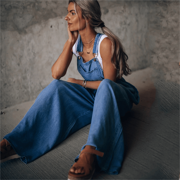 Trendy Dames Denim Jumpsuit Met Wijde Pijpen En Bretels