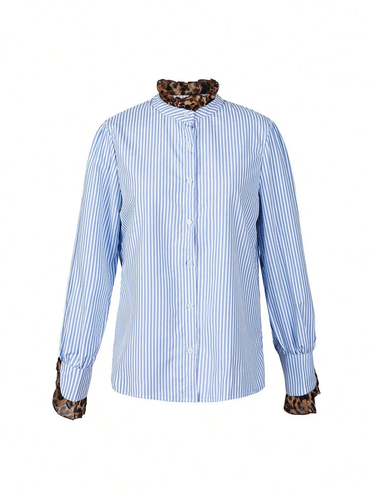 Striped Blouse With Leopard Print And Statement Cuffs