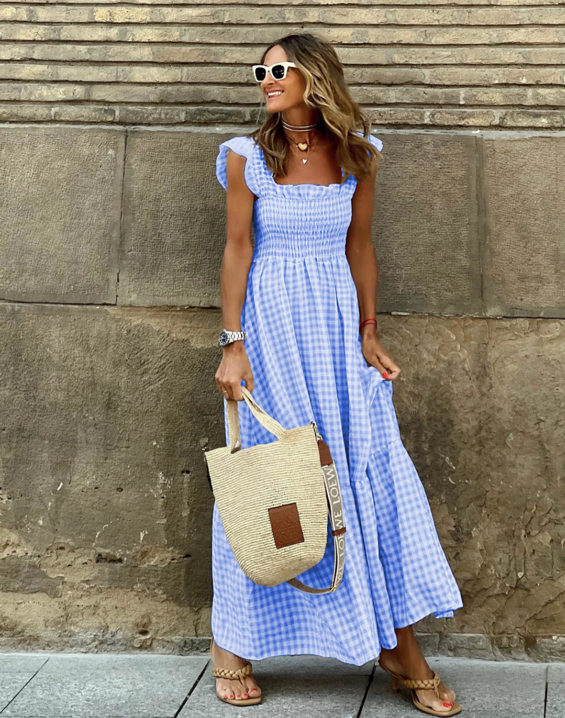 Grayson | Elegant Gingham Maxi Dress with Ruffle Sleeves