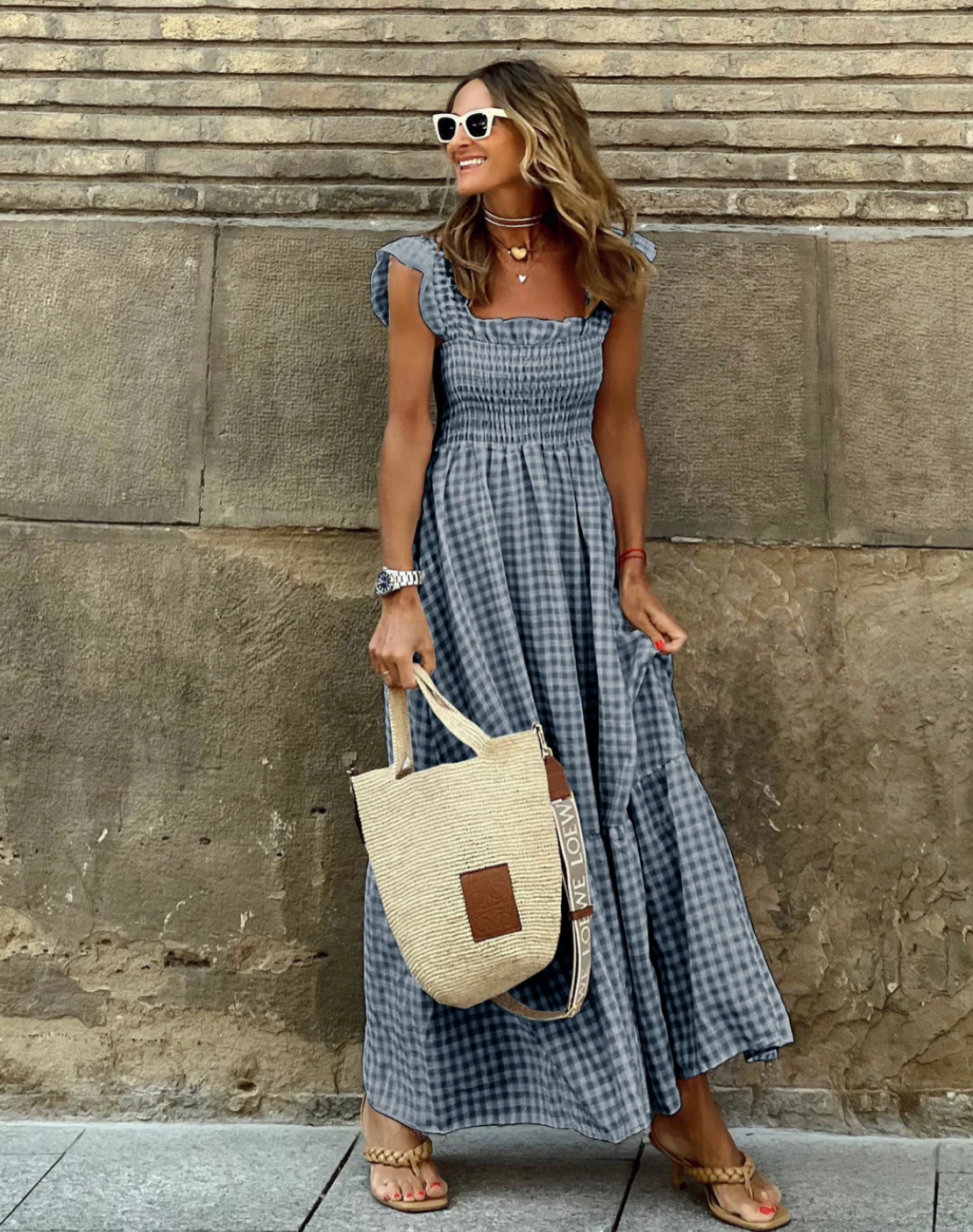 Grayson | Elegant Gingham Maxi Dress with Ruffle Sleeves