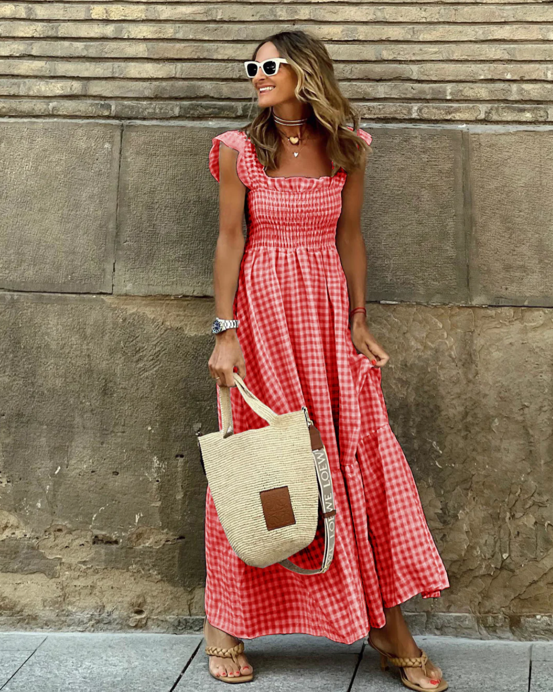 Grayson | Elegant Gingham Maxi Dress with Ruffle Sleeves