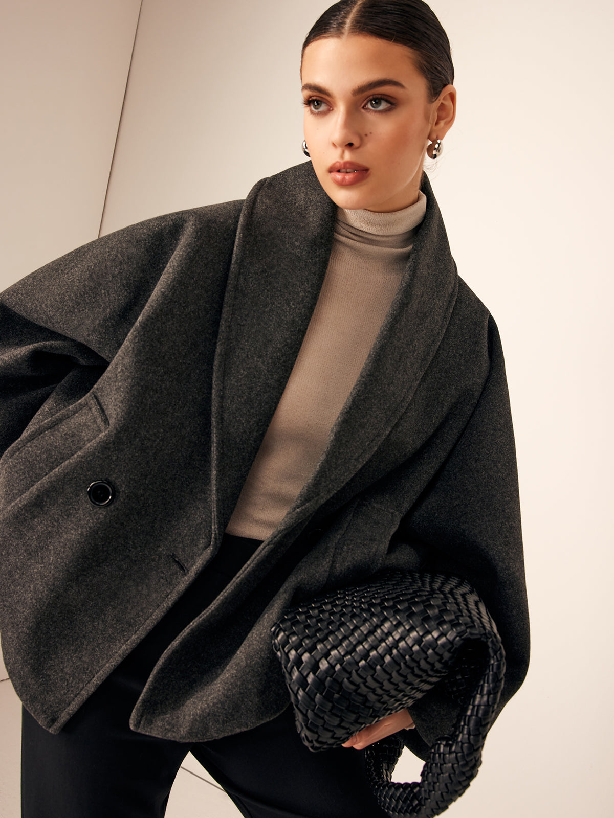 Oversized Dames Mantel Jas met Sjaalkraag en Dubbele Knopen