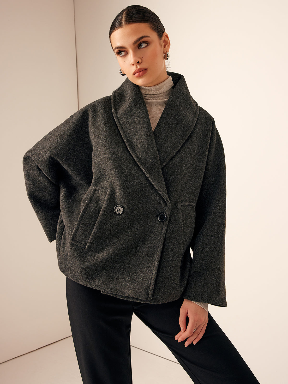 Oversized Dames Mantel Jas met Sjaalkraag en Dubbele Knopen