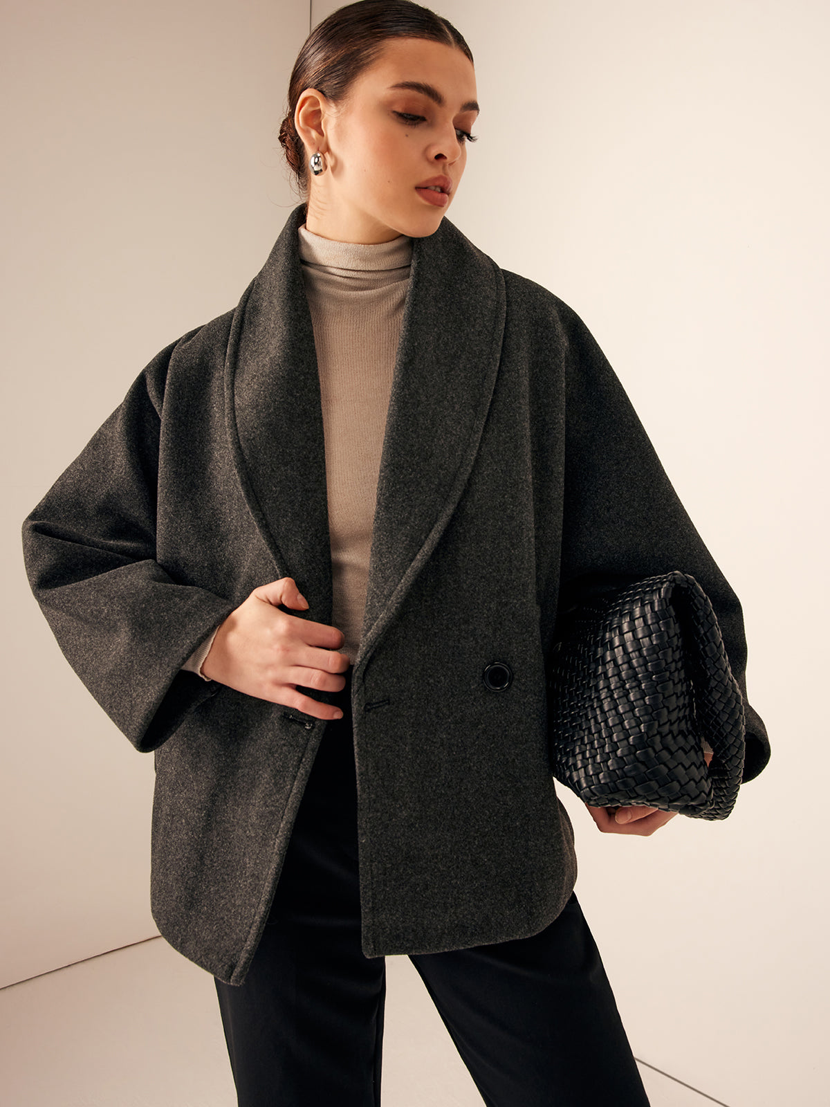 Oversized Dames Mantel Jas met Sjaalkraag en Dubbele Knopen