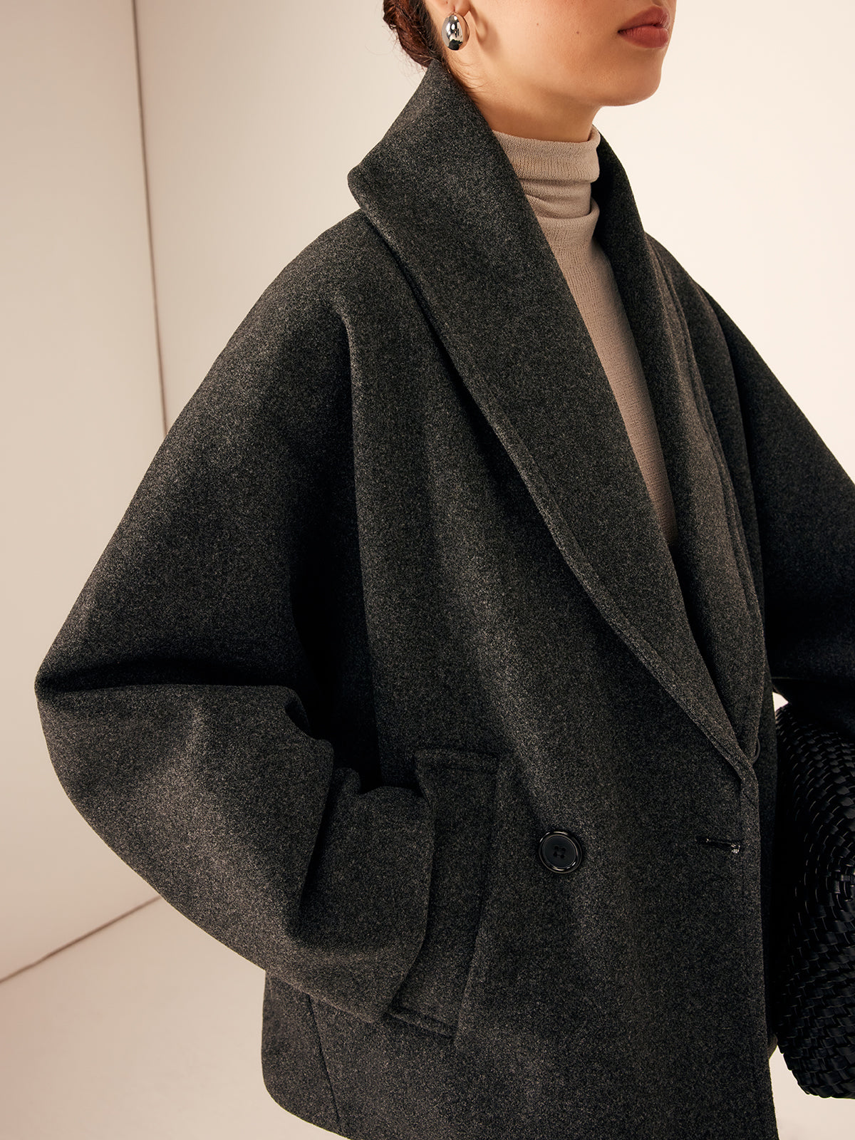Oversized Dames Mantel Jas met Sjaalkraag en Dubbele Knopen