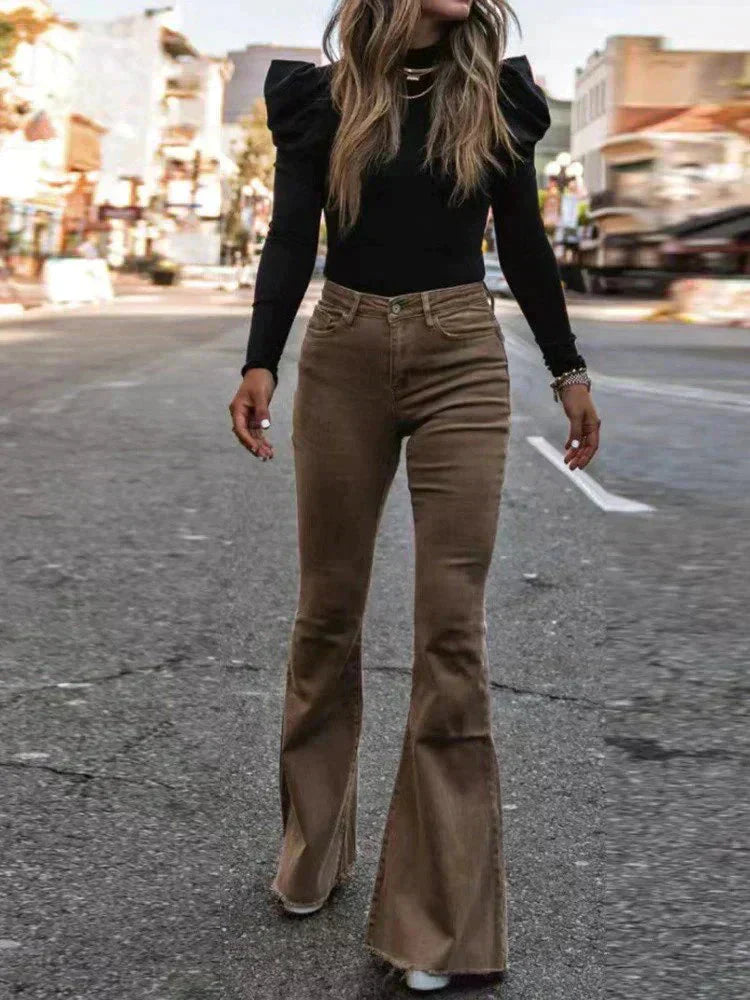 Trendy flatterende dames flared broek met hoge taille en comfortabele fit