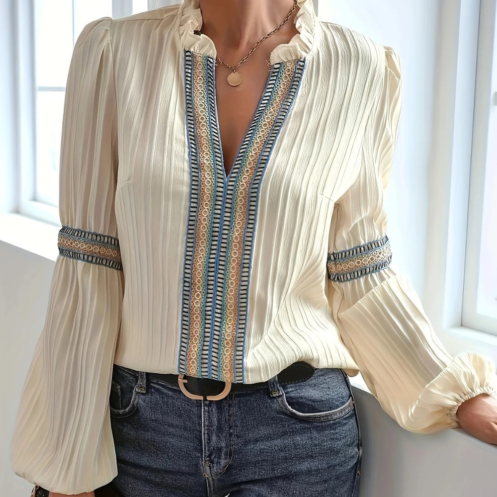 Elegante Beige Dames Bohemian Blouse met Lange Mouwen