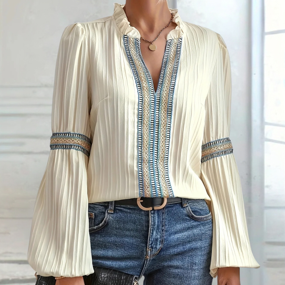 Elegante Beige Dames Bohemian Blouse met Lange Mouwen