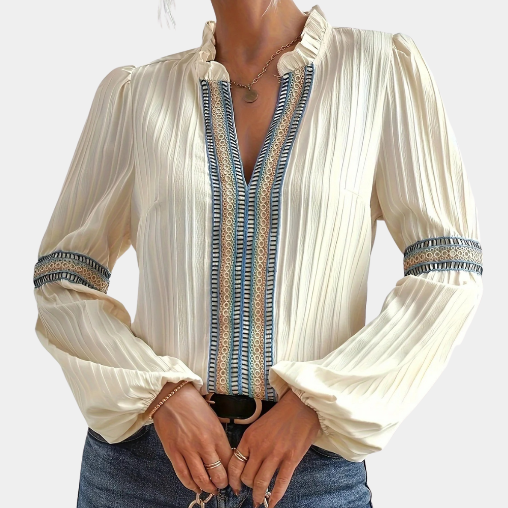Elegante Beige Dames Bohemian Blouse met Lange Mouwen