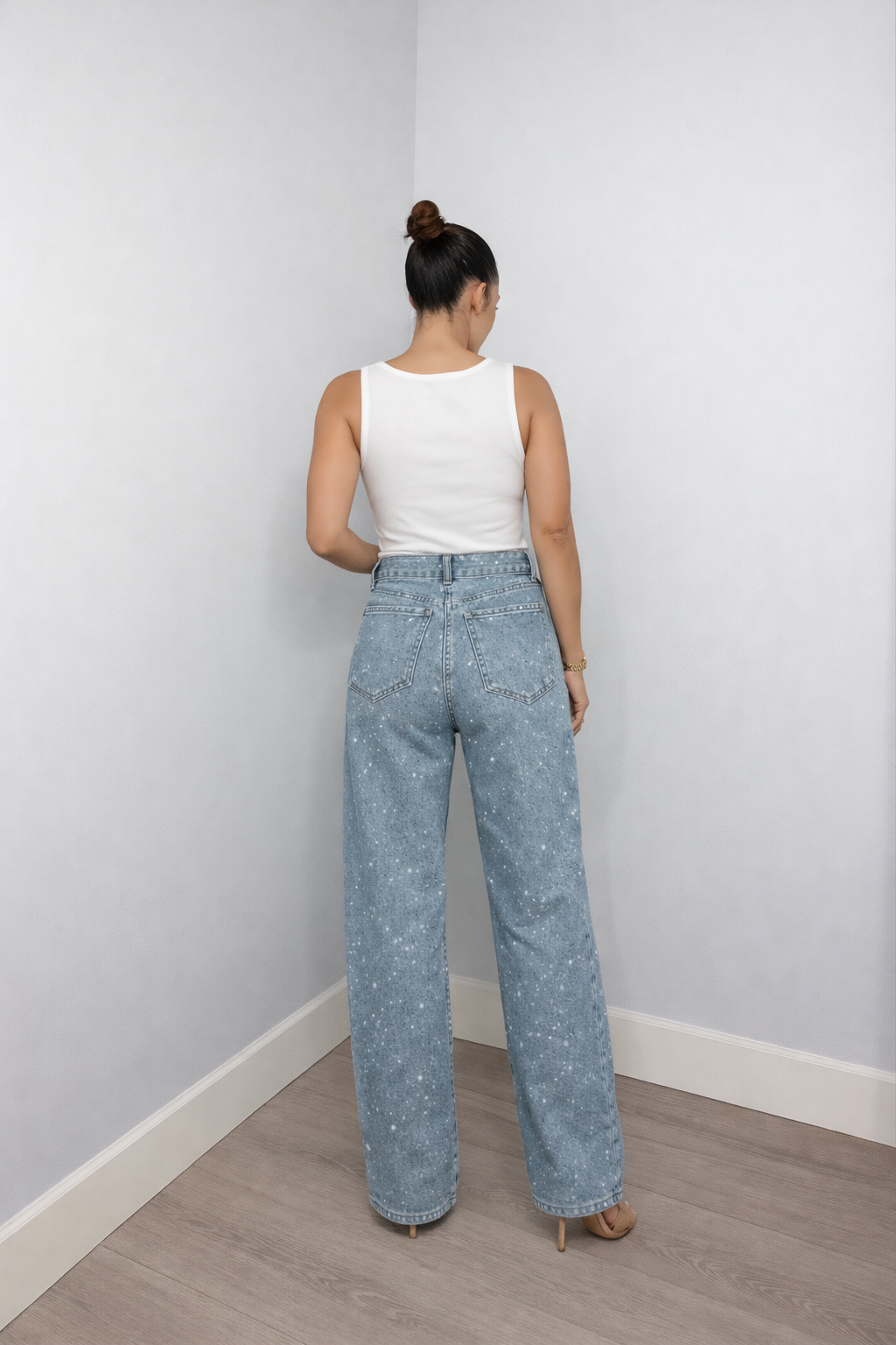 Trendy Dames Glitter Jeans Met Hoge Taille En Wijde Pijpen